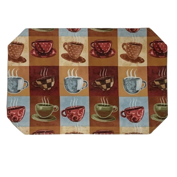 Coffee Time Placemats Printed Lined  Reversible Retro Block Pattern Set of 4 - Picture 1 of 16